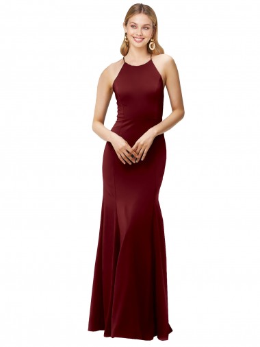 Vendeurs de Bordeaux foncé Sirène Licou Col Haut Crêpe Stretch Longue Formelles Robes demoiselle d'honneur / Robes de soirée / Robes de bal