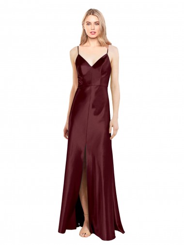 Vendeurs de Bordeaux foncé Trapèze Bretelles spaghetti Col V Satiné Stretch Longue Formelles Robes demoiselle d'honneur / Robes de soirée / Robes de bal