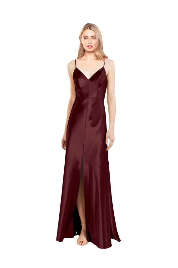 Vendeurs de Bordeaux foncé Trapèze Bretelles spaghetti Col V Satiné Stretch Longue Formelles Robes demoiselle d'honneur / Robes de soirée / Robes de bal