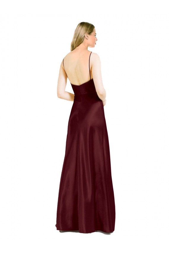 Vendeurs de Bordeaux foncé Trapèze Bretelles spaghetti Col V Satiné Stretch Longue Formelles Robes demoiselle d'honneur / Robes de soirée / Robes de bal