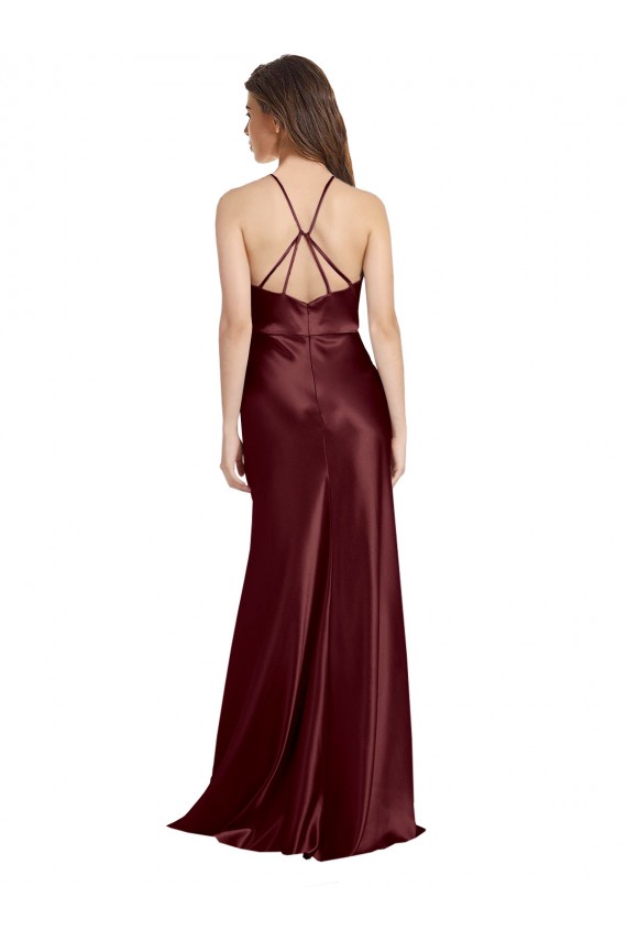 Vendeurs de Bordeaux foncé Trapèze Bretelles spaghetti Col V Satiné Stretch Longue Formelles Robes demoiselle d'honneur / Robes de soirée / Robes de bal