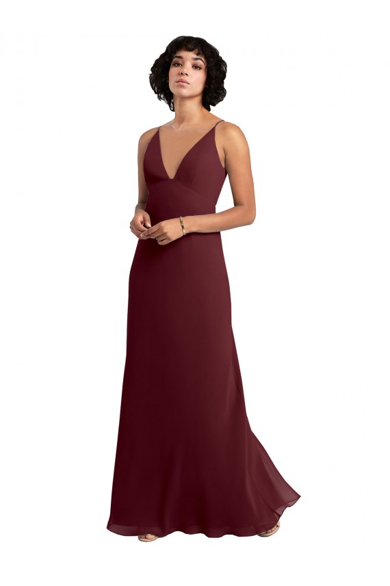 Vendeurs de Bordeaux foncé Trapèze Col V Mousseline Longue Robes demoiselle d'honneur