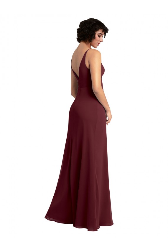 Vendeurs de Bordeaux foncé Trapèze Col V Mousseline Longue Robes demoiselle d'honneur