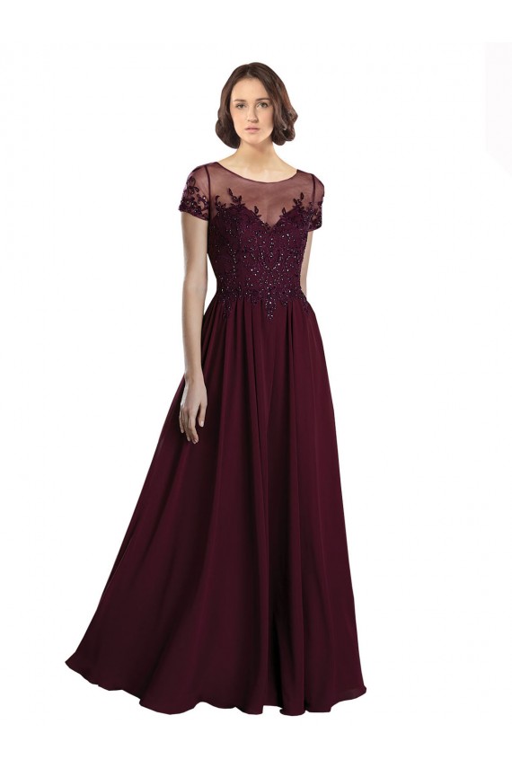Vendeurs de Bordeaux foncé Trapèze Col bijou Tulle Mousseline Longue Robes demoiselle d'honneur