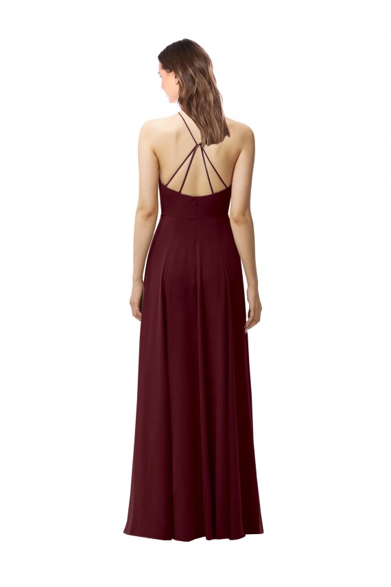 Vendeurs de Bordeaux foncé Trapèze Licou Col Haut Mousseline Longue Robes demoiselle d'honneur