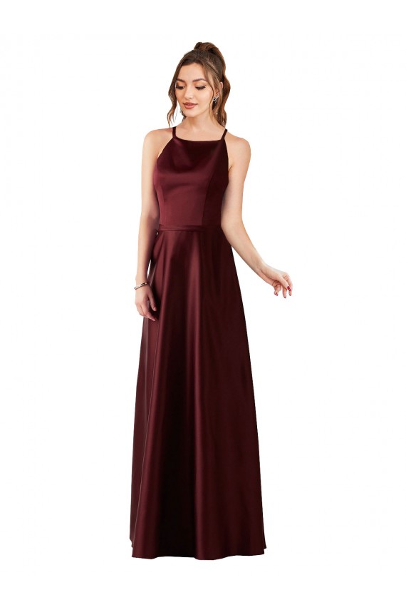Vendeurs de Bordeaux foncé Trapèze Licou Satiné Longue Robes demoiselle d'honneur / Robes de bal