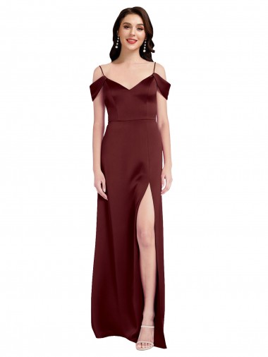 Vendeurs de Bordeaux foncé Trapèze Épaule Dénudée Col V Satiné Stretch Longue Formelles Robes demoiselle d'honneur / Robes de soirée / Robes de bal