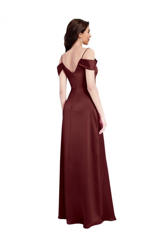 Vendeurs de Bordeaux foncé Trapèze Épaule Dénudée Col V Satiné Stretch Longue Formelles Robes demoiselle d'honneur / Robes de soirée / Robes de bal