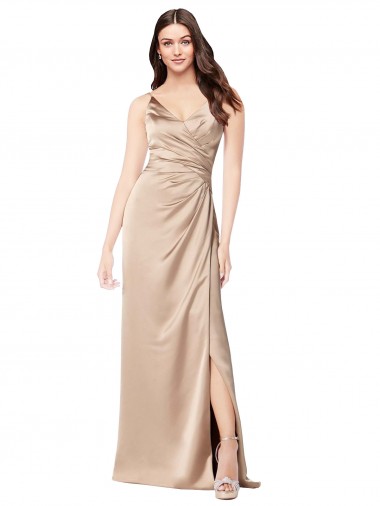 Vendeurs de Champagne Rose Trapèze Bretelles spaghetti Col V Satiné Soyeux Longue Formelles Robes demoiselle d'honneur / Robes de soirée / Robes de bal