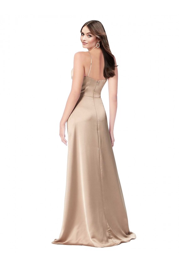 Vendeurs de Champagne Rose Trapèze Bretelles spaghetti Col V Satiné Soyeux Longue Formelles Robes demoiselle d'honneur / Robes de soirée / Robes de bal