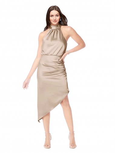 Vendeurs de Champagne Rose Trapèze Licou midi Satiné Soyeux Courte Asymétrique Robes demoiselle d'honneur / Robes de bal / Robes de cocktail