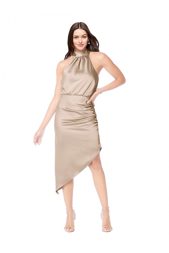 Vendeurs de Champagne Rose Trapèze Licou midi Satiné Soyeux Courte Asymétrique Robes demoiselle d'honneur / Robes de bal / Robes de cocktail