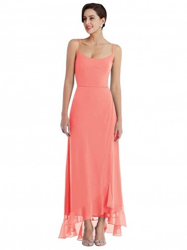 Vendeurs de Corail Trapèze Bretelles spaghetti Scoop Mousseline Longue Asymétrique Robes demoiselle d'honneur