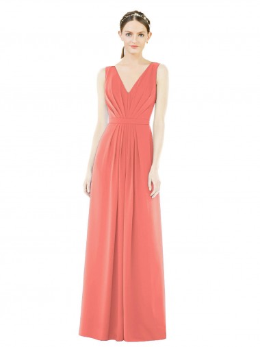 Vendeurs de Corail Trapèze Col V Mousseline Longue Robes demoiselle d'honneur