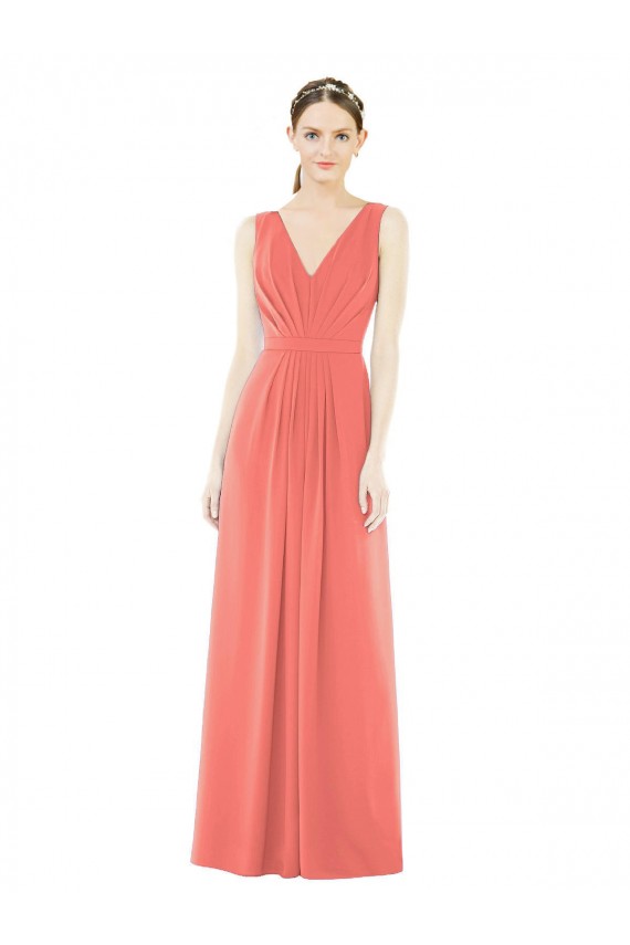 Vendeurs de Corail Trapèze Col V Mousseline Longue Robes demoiselle d'honneur