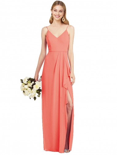 Vendeurs de Corail Trompette Bretelles spaghetti Col V Mousseline Longue Robes demoiselle d'honneur