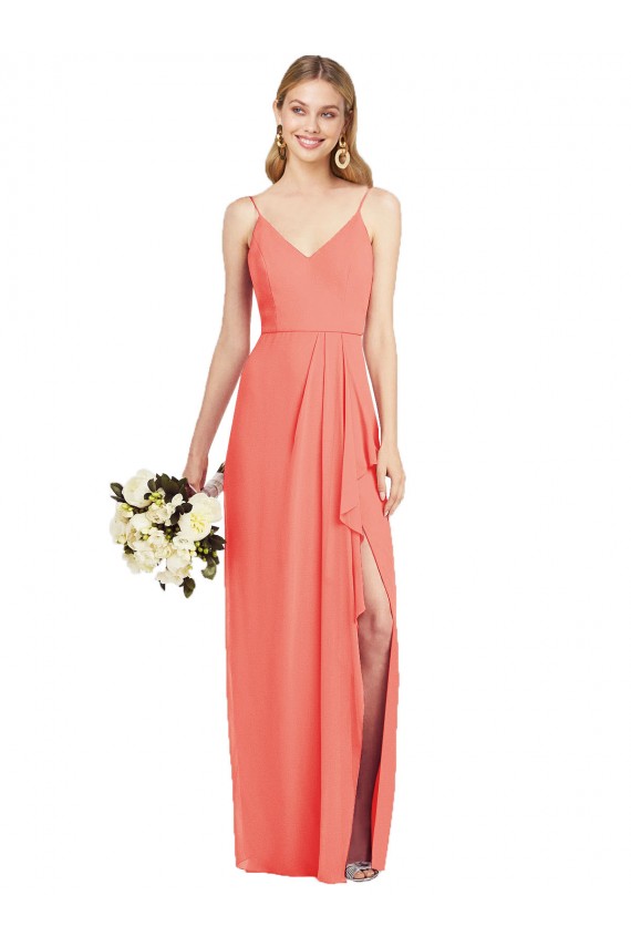 Vendeurs de Corail Trompette Bretelles spaghetti Col V Mousseline Longue Robes demoiselle d'honneur