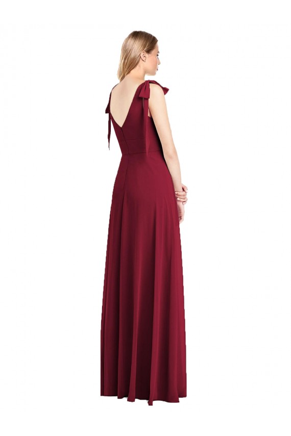 Vendeurs de Corail Trompette Col V Mousseline Longue Robes demoiselle d'honneur