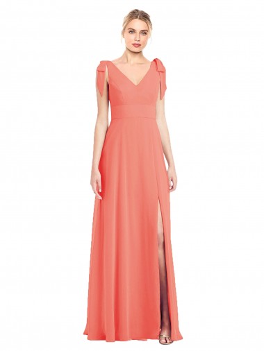 Vendeurs de Corail Trompette Col V Mousseline Longue Robes demoiselle d'honneur