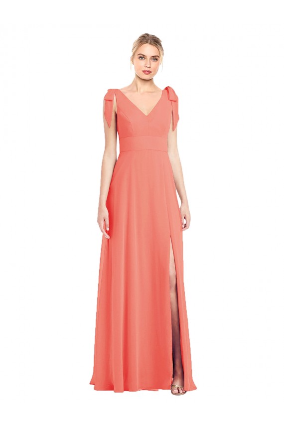 Vendeurs de Corail Trompette Col V Mousseline Longue Robes demoiselle d'honneur