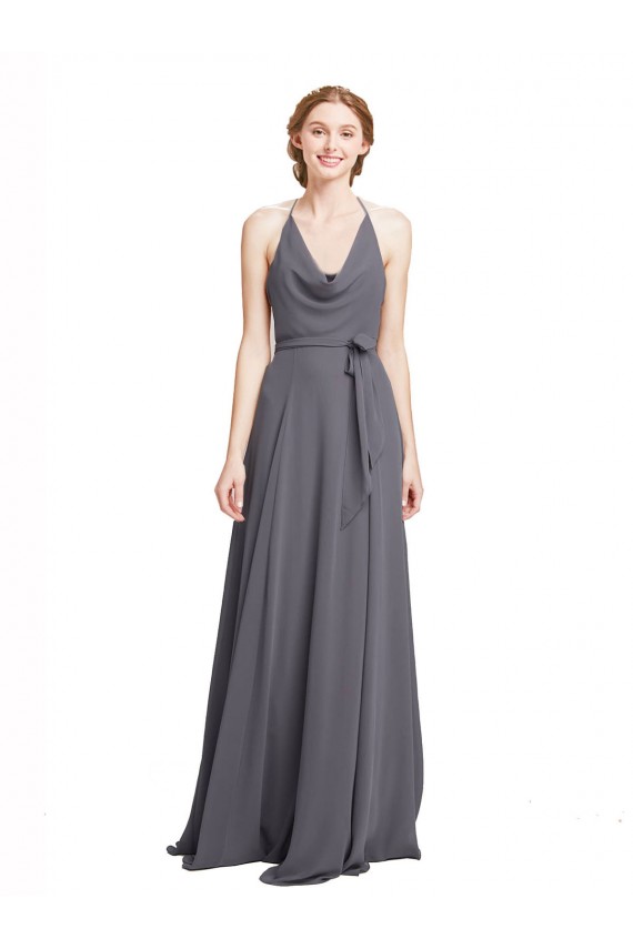 Vendeurs de Gris ardoise Trapèze Bretelles spaghetti Mousseline Longue Robes demoiselle d'honneur