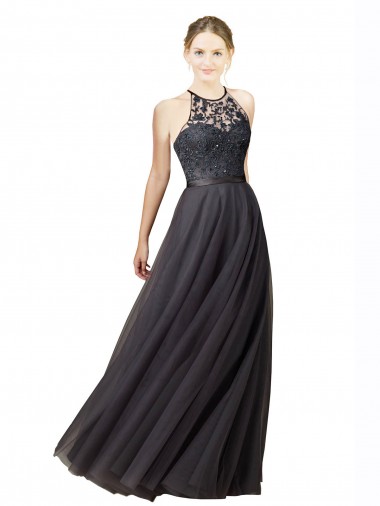 Vendeurs de Gris ardoise Trapèze Tulle Dentelle Longue Robes demoiselle d'honneur
