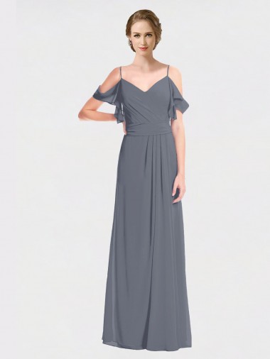 Vendeurs de Gris ardoise Trapèze Épaule Dénudée Col V Mousseline Longue Robes demoiselle d'honneur