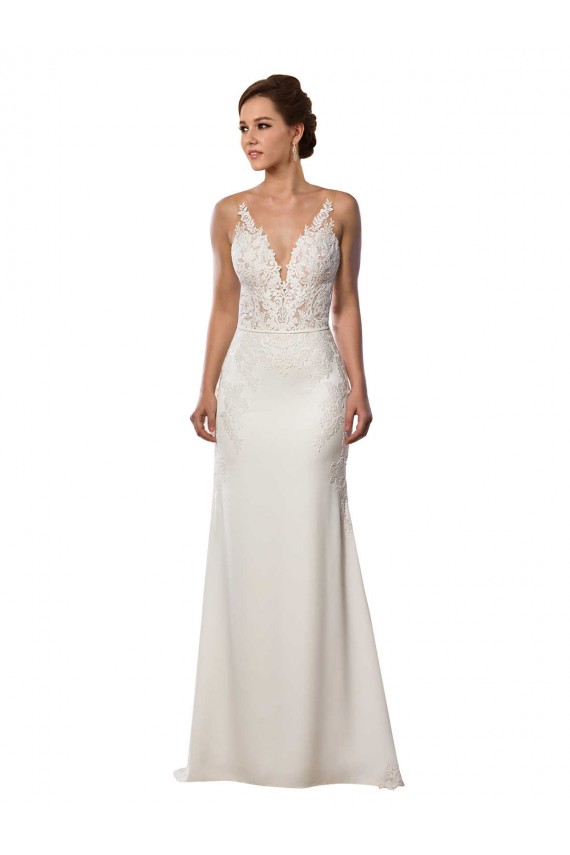 Vendeurs de Ivoire Sirène Col V Dentelle Crêpe Stretch Robes de mariée