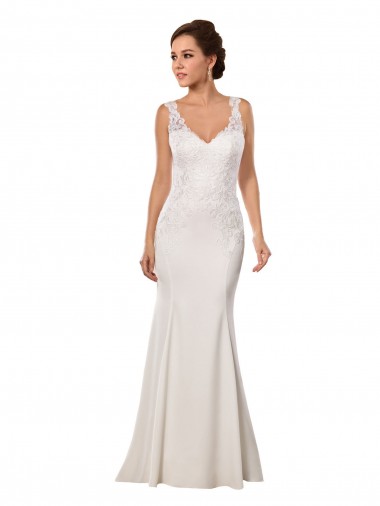 Vendeurs de Ivoire Sirène Col V Dentelle Crêpe Stretch Robes de mariée