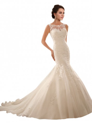 Vendeurs de Ivoire Sirène Illusion Tulle Dentelle Robes de mariée