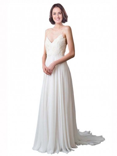 Vendeurs de Ivoire Trapèze Bretelles spaghetti Col V Mousseline Dentelle Plage Robes de mariée