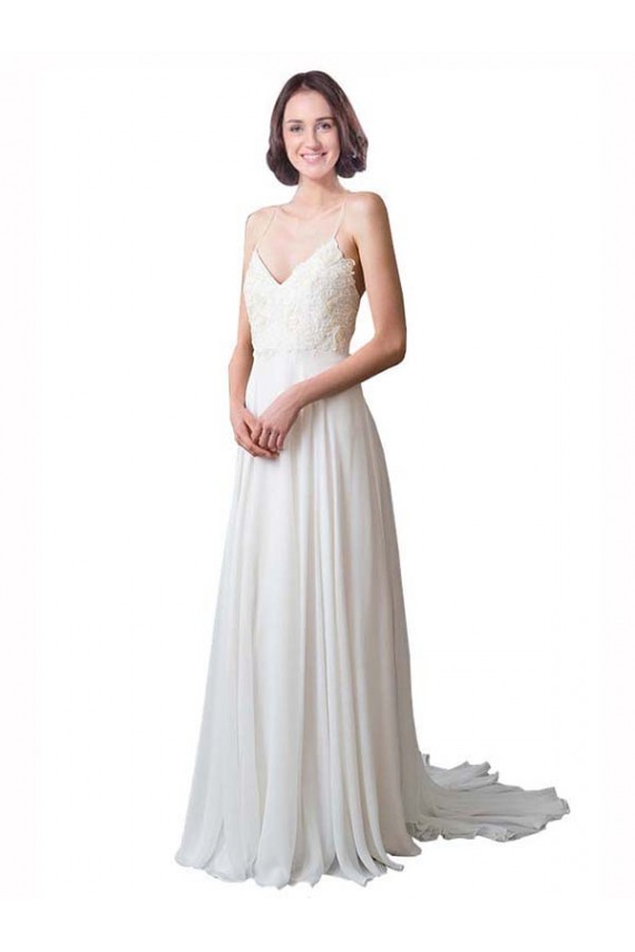 Vendeurs de Ivoire Trapèze Bretelles spaghetti Col V Mousseline Dentelle Plage Robes de mariée