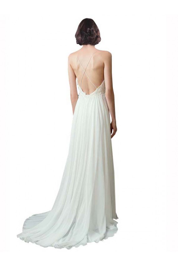 Vendeurs de Ivoire Trapèze Bretelles spaghetti Col V Mousseline Dentelle Plage Robes de mariée