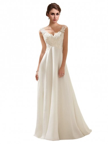 Vendeurs de Ivoire Trapèze Col V Balayage train Mousseline Dentelle Robes de mariée