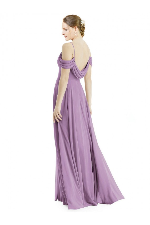 Vendeurs de Lavande foncée Trapèze Épaule Dénudée Bretelles spaghetti Mousseline Longue Robes demoiselle d'honneur