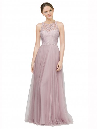 Vendeurs de Light Lilac Trapèze Tulle Dentelle Longue Robes demoiselle d'honneur