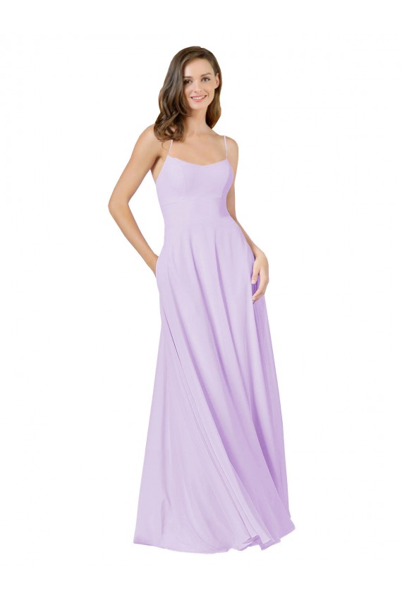 Vendeurs de Lilas Trapèze Bretelles spaghetti Col Carré Mousseline Longue Robes demoiselle d'honneur