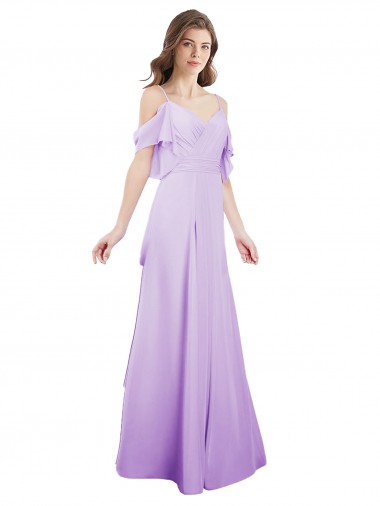 Vendeurs de Lilas Trapèze Épaule Dénudée Bretelles spaghetti Mousseline Longue Robes demoiselle d'honneur