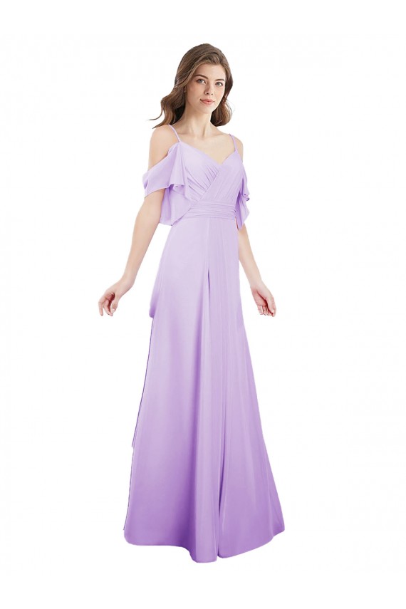 Vendeurs de Lilas Trapèze Épaule Dénudée Bretelles spaghetti Mousseline Longue Robes demoiselle d'honneur