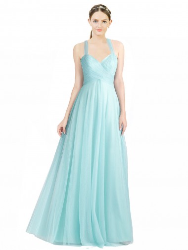 Vendeurs de Menthe verte Trapèze Bretelles spaghetti Tulle Longue Robes demoiselle d'honneur