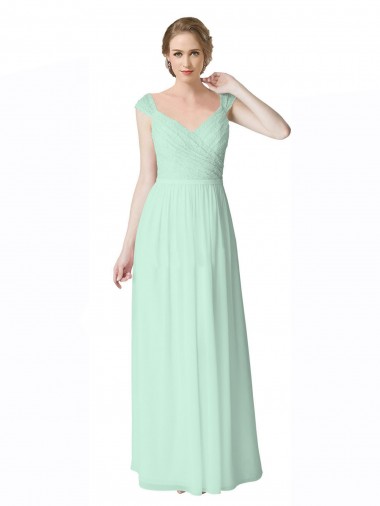 Vendeurs de Menthe verte Trapèze Col V Mousseline Dentelle Longue Robes demoiselle d'honneur