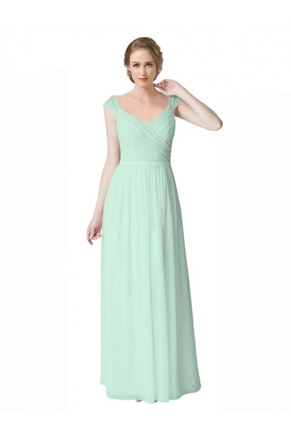 Vendeurs de Menthe verte Trapèze Col V Mousseline Dentelle Longue Robes demoiselle d'honneur