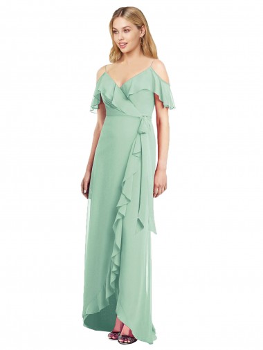 Vendeurs de Menthe verte Trompette Bretelles spaghetti Col V Mousseline Longue Asymétrique Robes demoiselle d'honneur