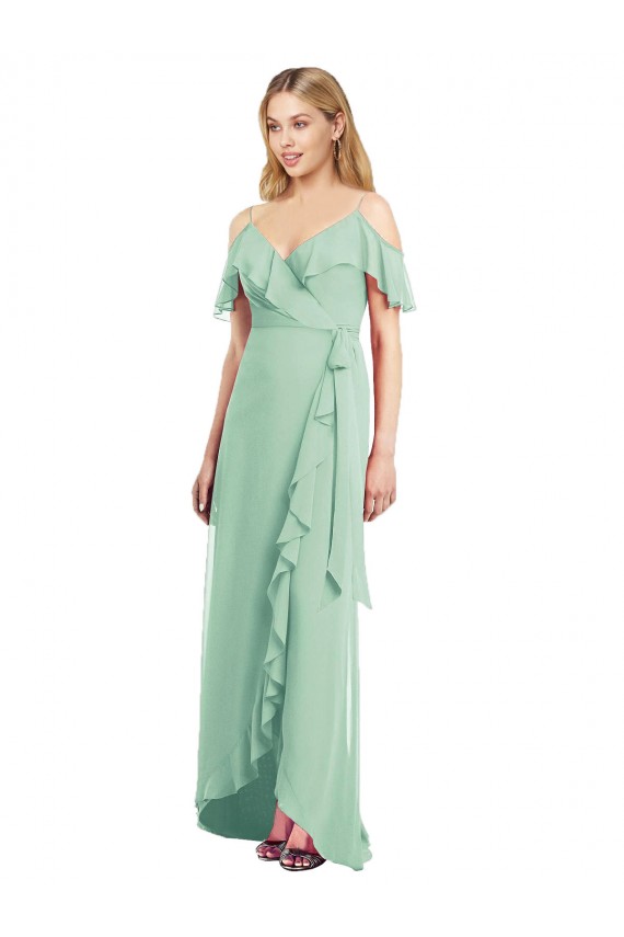 Vendeurs de Menthe verte Trompette Bretelles spaghetti Col V Mousseline Longue Asymétrique Robes demoiselle d'honneur