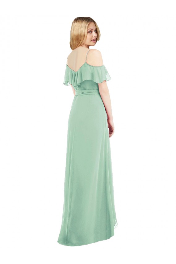 Vendeurs de Menthe verte Trompette Bretelles spaghetti Col V Mousseline Longue Asymétrique Robes demoiselle d'honneur