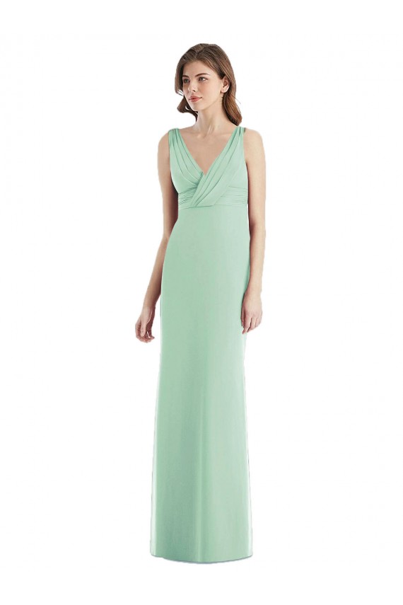 Vendeurs de Menthe verte Trompette Col V Mousseline Longue Robes demoiselle d'honneur