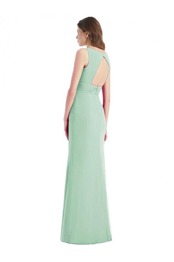 Vendeurs de Menthe verte Trompette Col V Mousseline Longue Robes demoiselle d'honneur