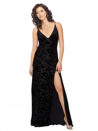 Vendeurs de Noir Fourreau Col V Velours Floral Velours Stretch Longue Robes demoiselle d'honneur