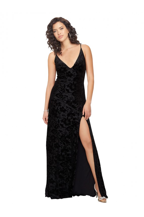 Vendeurs de Noir Fourreau Col V Velours Floral Velours Stretch Longue Robes demoiselle d'honneur