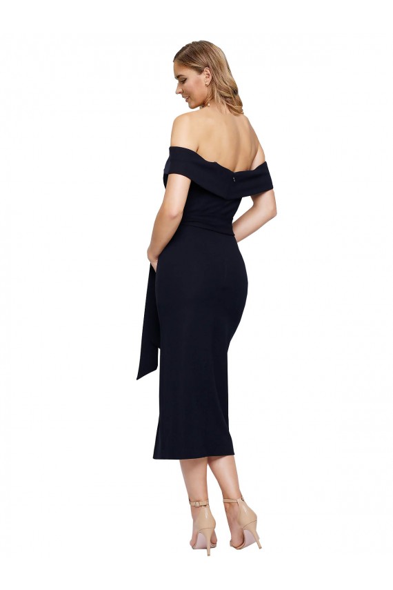Vendeurs de Noir Fourreau Épaule Dénudée Col Carré midi Crêpe Stretch Courte Robes demoiselle d'honneur / Robes de soirée / Robes de cocktail